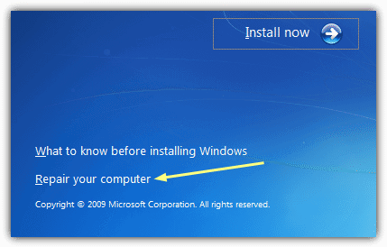 Windows repair disc selection