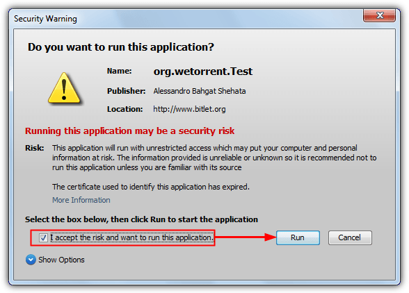 accept java bitlet warning