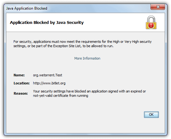 bitlet Java security warning