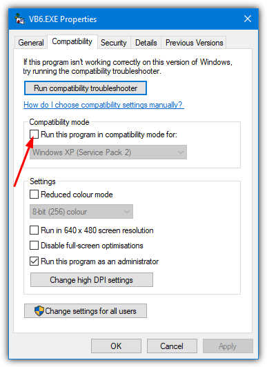 run Vb6 in compatibility mode