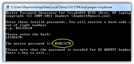 BIOS master password keygenerator