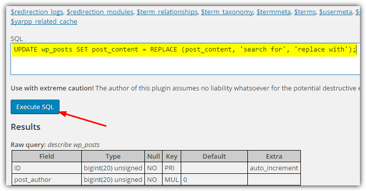 search and replace with sql executioner