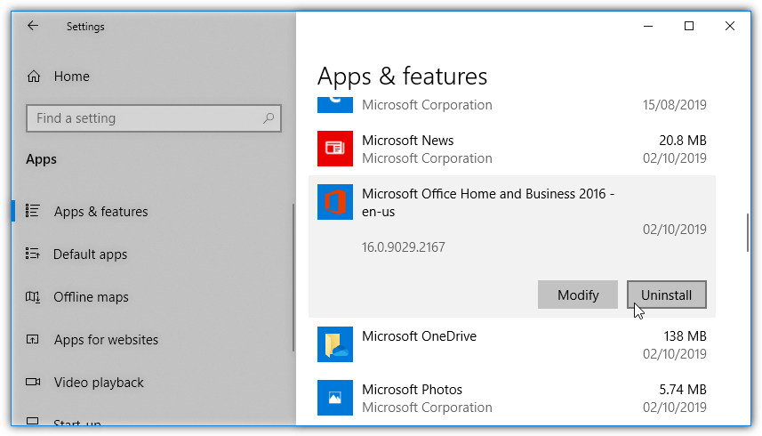 uninstall office from the apps list