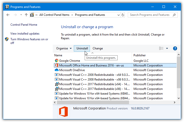 uninstall office from programs and features