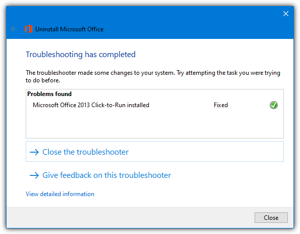 uninstall office troubleshooter process complete