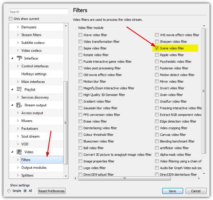 enable vlc scene filter