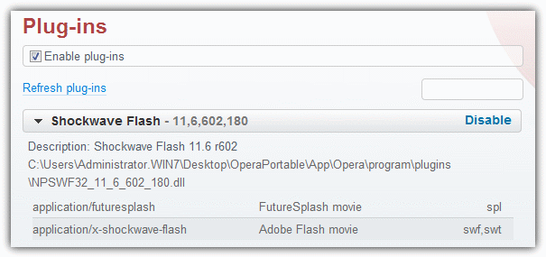 Flash plugin installed into Opera portable