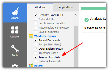 ccleaner delete jump lists