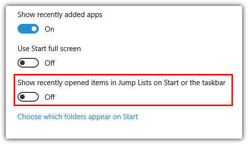 disable jump list windows 10