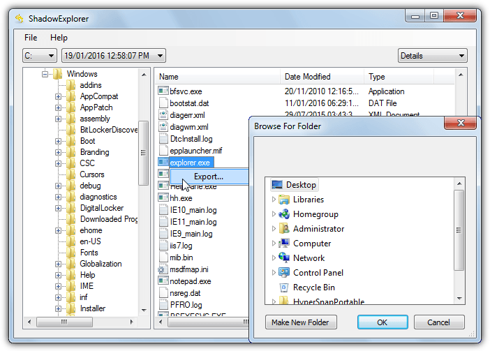 shadowexplorer export file from restore point