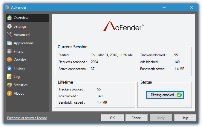 adfender overview screen