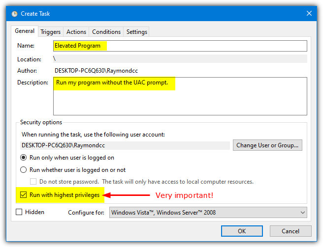Create task highest privileges