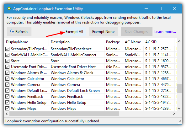 enable loopback exemptions