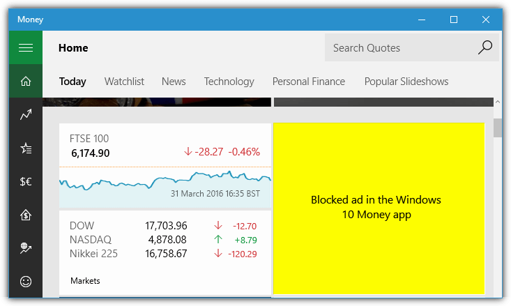 Windows 10 money app blocked ad