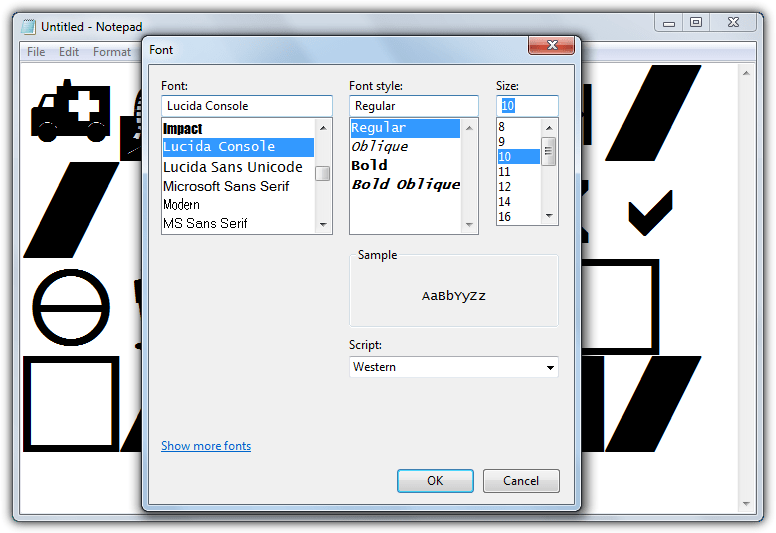 Notepad default font windows 7