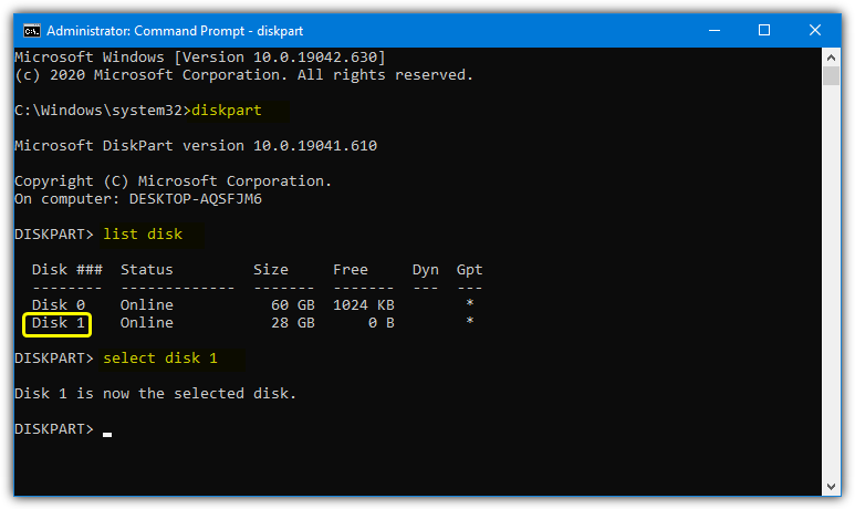 Diskpart select disk