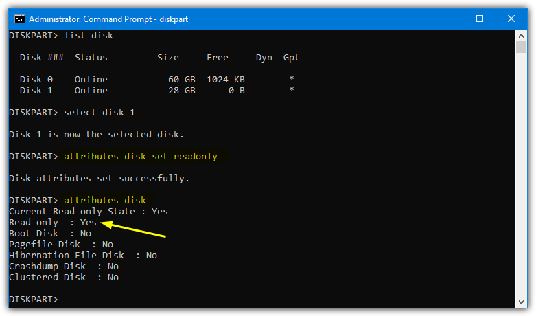Diskpart set readonly
