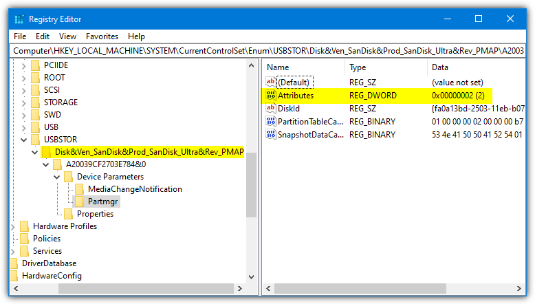 Partmgr registry export