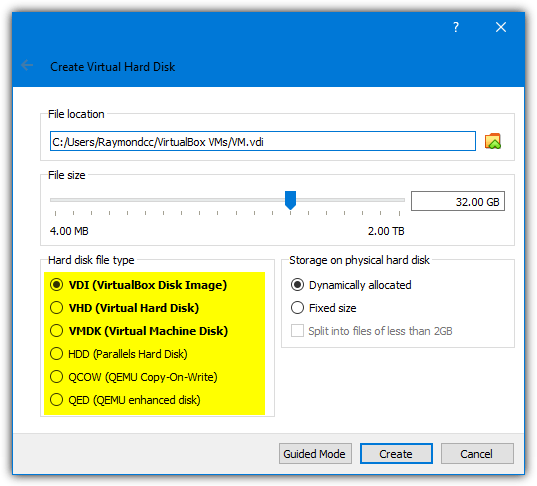 Virtualbox hard disk filetype