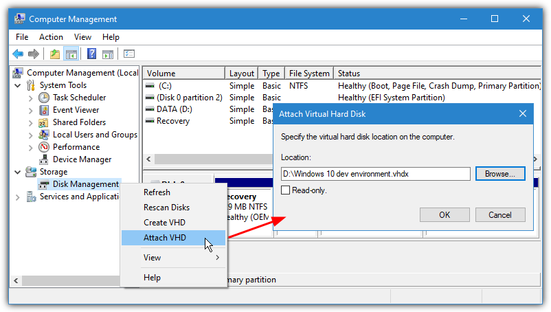 Windows 10 attach vhd