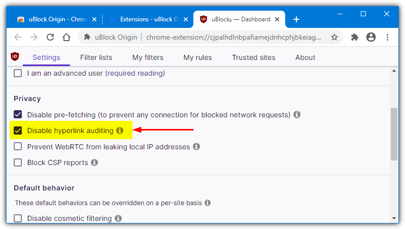 Disable hyperlink auditing ublock origin