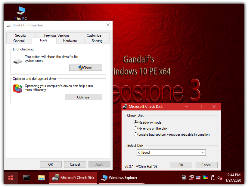 Check disk. Gandalf’s Windows 10pe. Check Disk gui. Gandalf’s Windows 10 pe Live Rescue ISO. Check Disk gui icon.