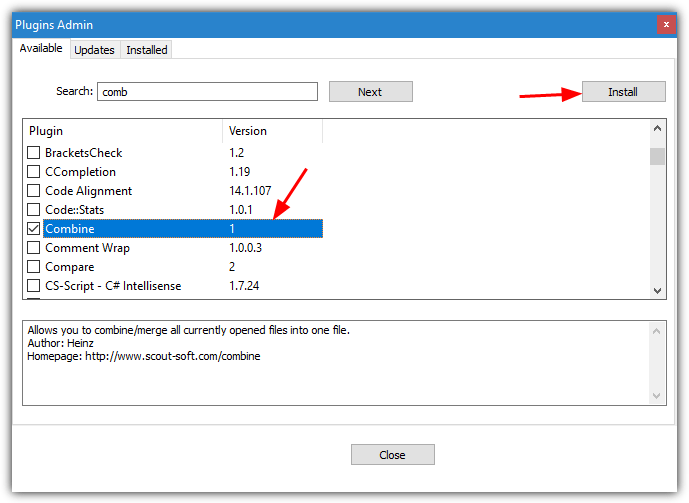 Install combine notepad plugin