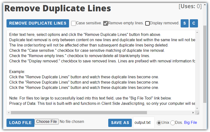 Textmechanic remove duplicate lines