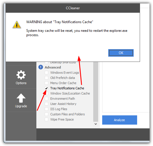 ccleaner tray notifications cache check box