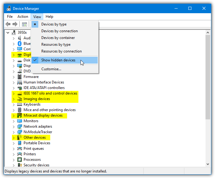 Device manager hidden devices