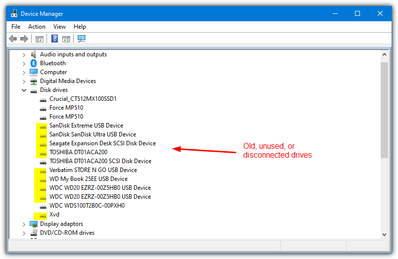 Device manager unused drives