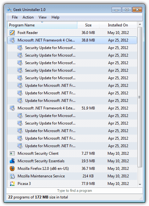 Uninstall program list in Geek Uninstaller