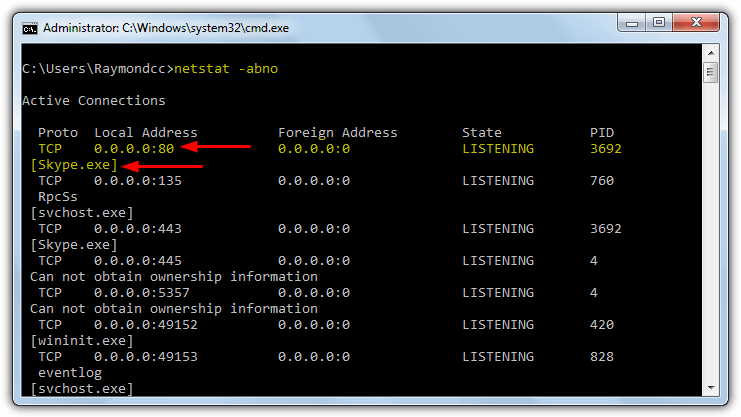 netstat check port 80 skype