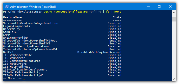 powershell features list