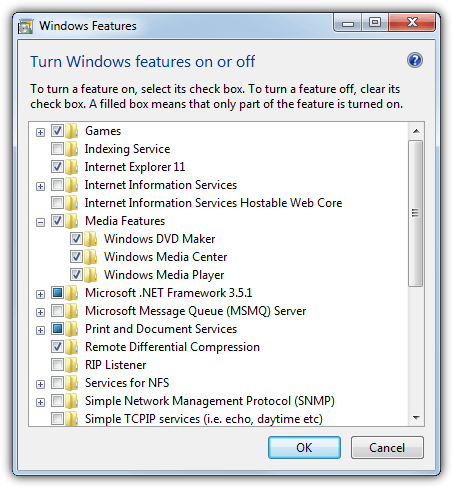 windows optional features list