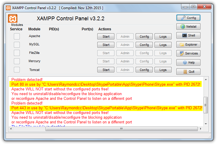 xampp port in use warning
