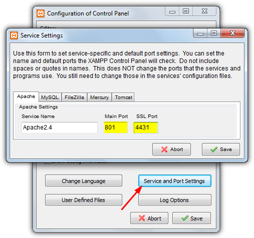 xampp port service settings