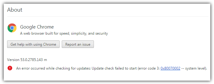 chrome about window update error