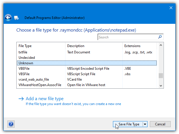 Default programs editor change filetype