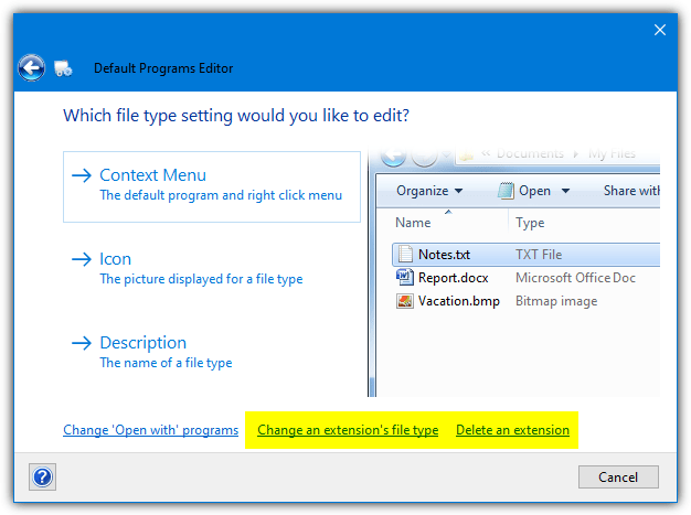 Default programs editor options