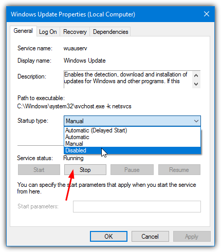 disable windows update service