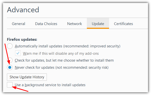 firefox disable automatic updates