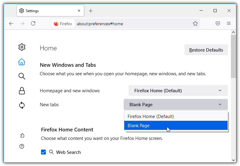 Firefox new tabs page