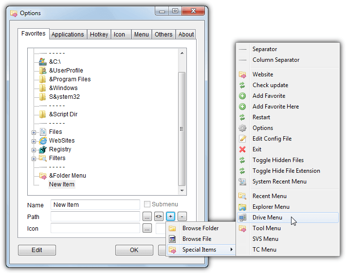folder menu create item