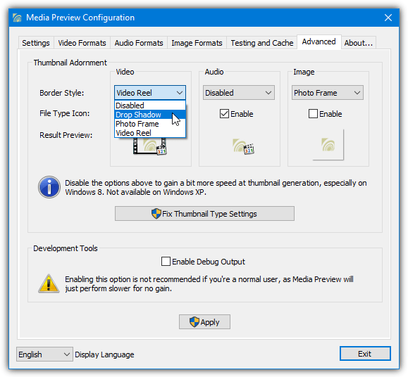 Medai preview advanced settings