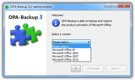 OPA-Backup select Office version
