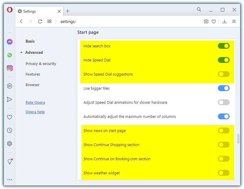 Opera start page settings