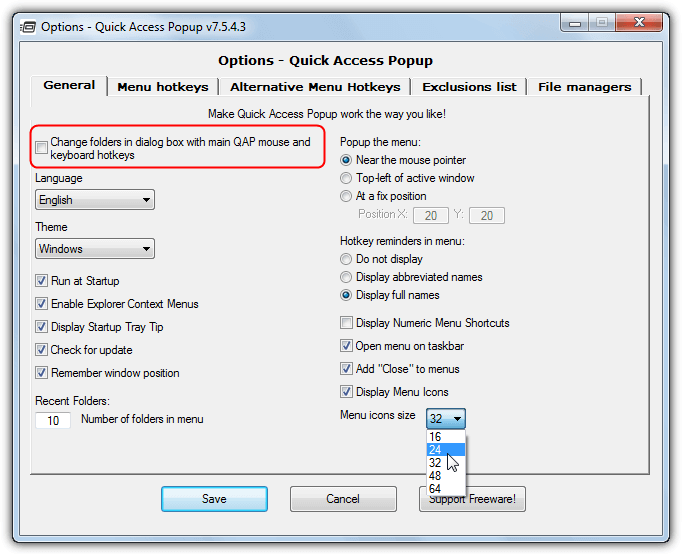 quick access popup settings