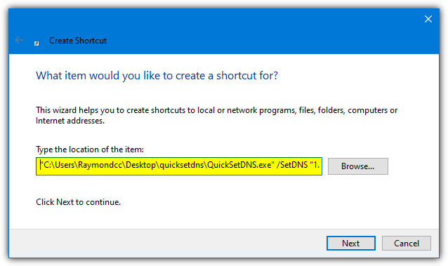 Quicksetdns shortcut