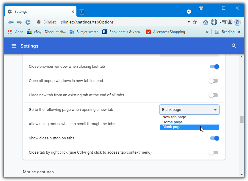 Slimjet new tab settings